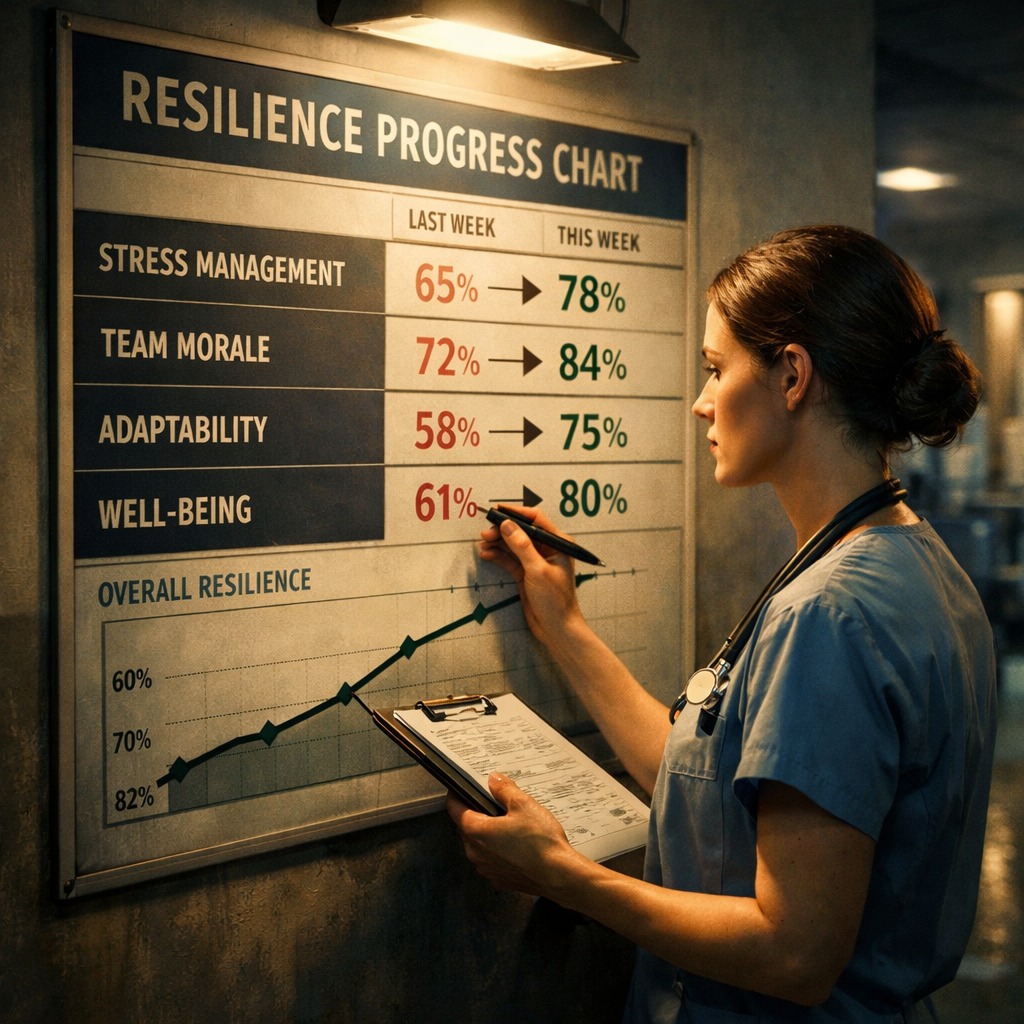 A cinematic style illustration of a nurse checking a wall‑mounted chart with resilience percentages, alt: tracking improvements after resilience action plan