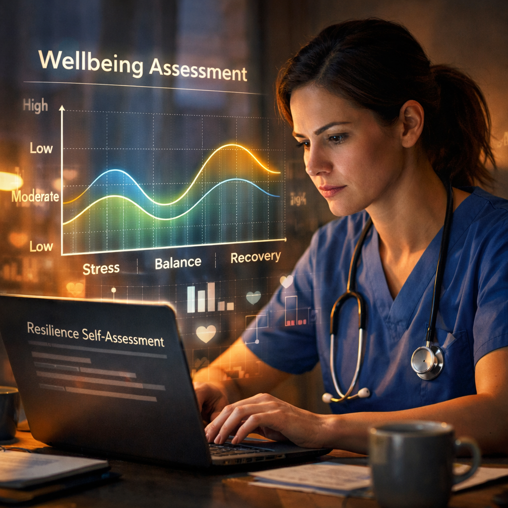A cinematic scene of a nurse sitting at a desk, laptop open, soft evening light, focused expression, abstract data overlay showing a wellbeing graph. Alt: nurse using online resilience self‑assessment tool