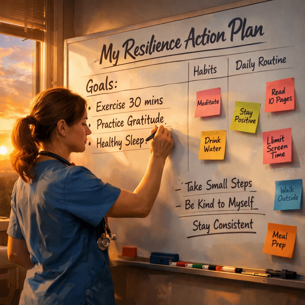 A cinematic illustration of a nurse writing goals on a whiteboard, colorful sticky notes, sunrise background, showing habit‑building. Alt: nurse creating a personal resilience action plan