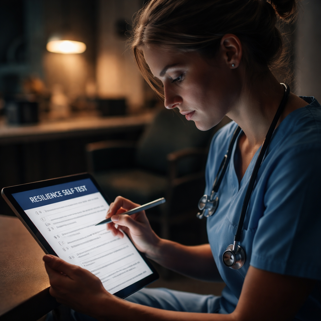 A cinematic image showing a nurse filling out a resilience self‑test on a tablet in a quiet break room, with soft dramatic lighting highlighting the screen and the nurse’s thoughtful expression. Alt: nurse resilience self test in a cinematic style