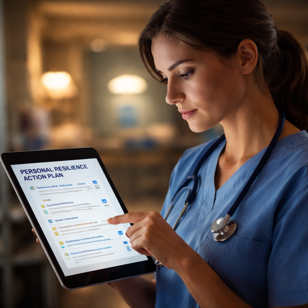 A cinematic image showing a nurse reviewing a personal resilience action plan on a tablet, with soft hospital lighting highlighting the screen and the nurse's focused expression. Alt: nurse resilience self test action plan visual