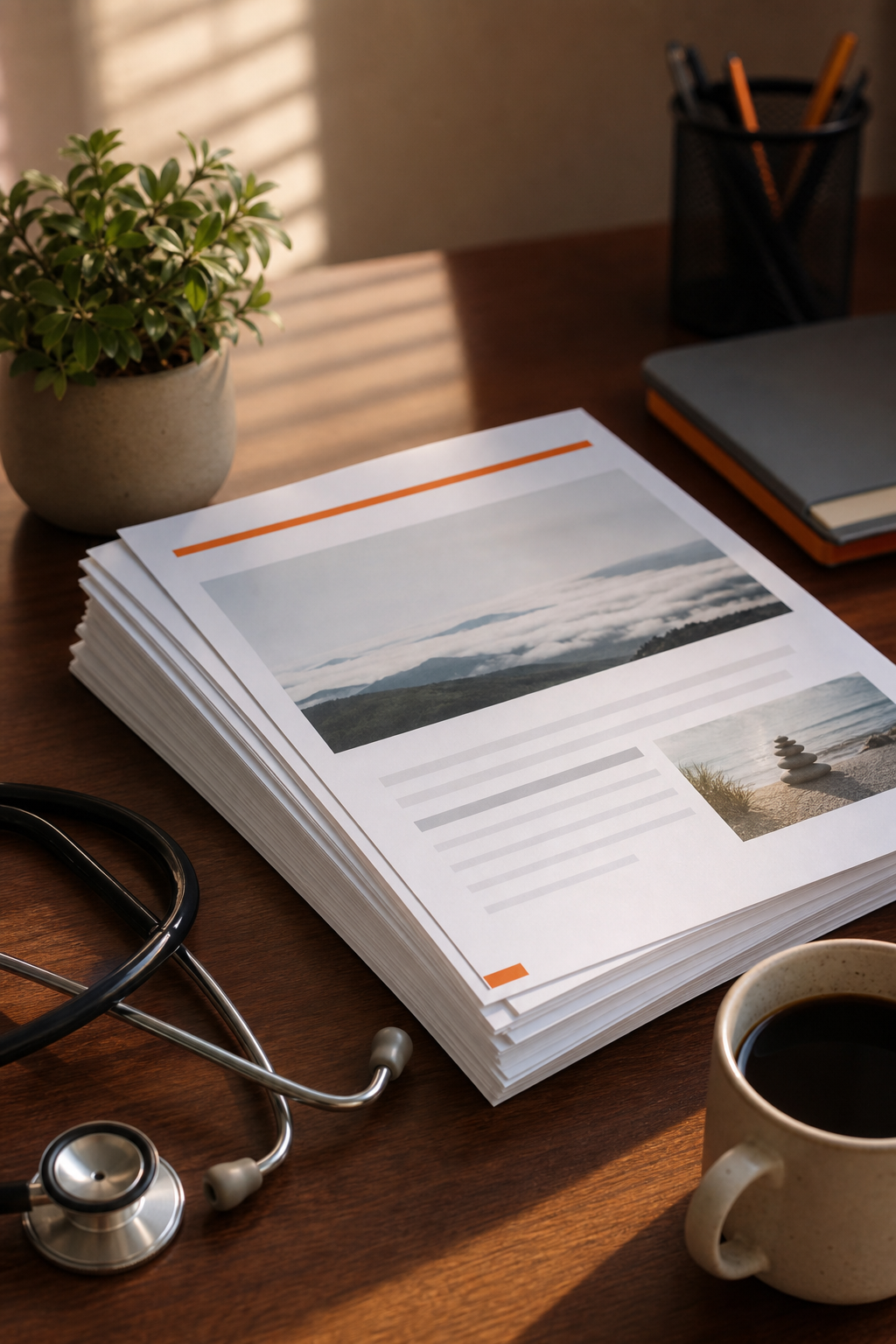 A computer screen showing a PDF document with stress reduction techniques organized with headings, Cinematic style. Alt: Organized nurse stress reduction toolkit PDF on screen