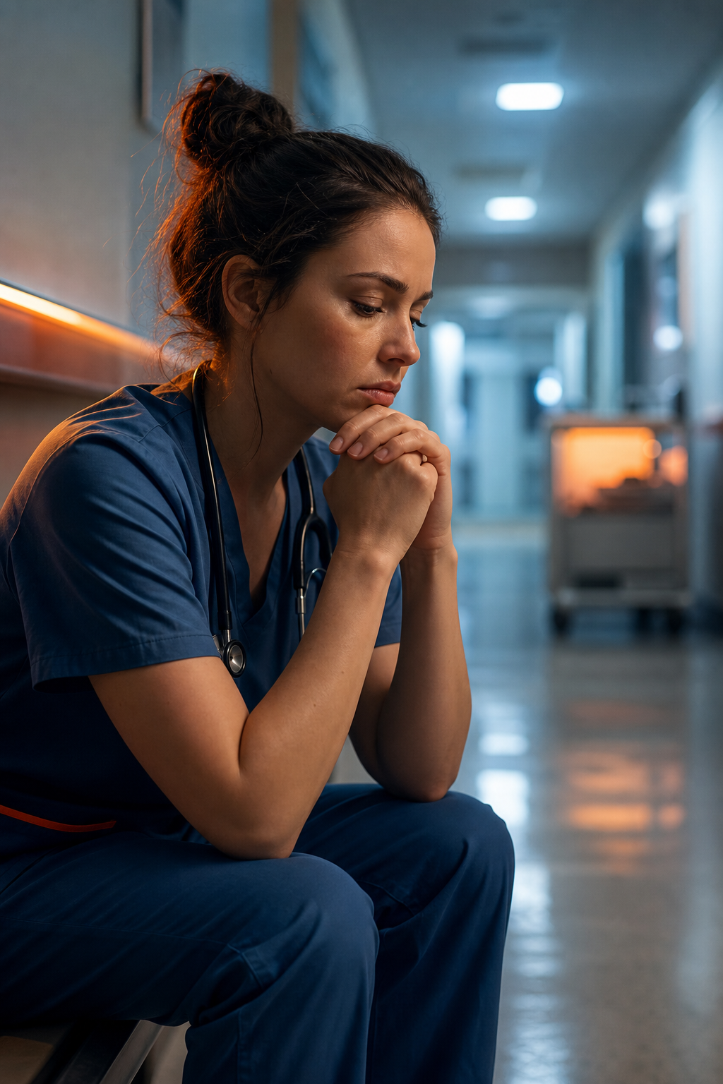 A cinematic style image of a nurse reflecting on stress in a quiet hospital corridor, alt: nurse assessing stress level