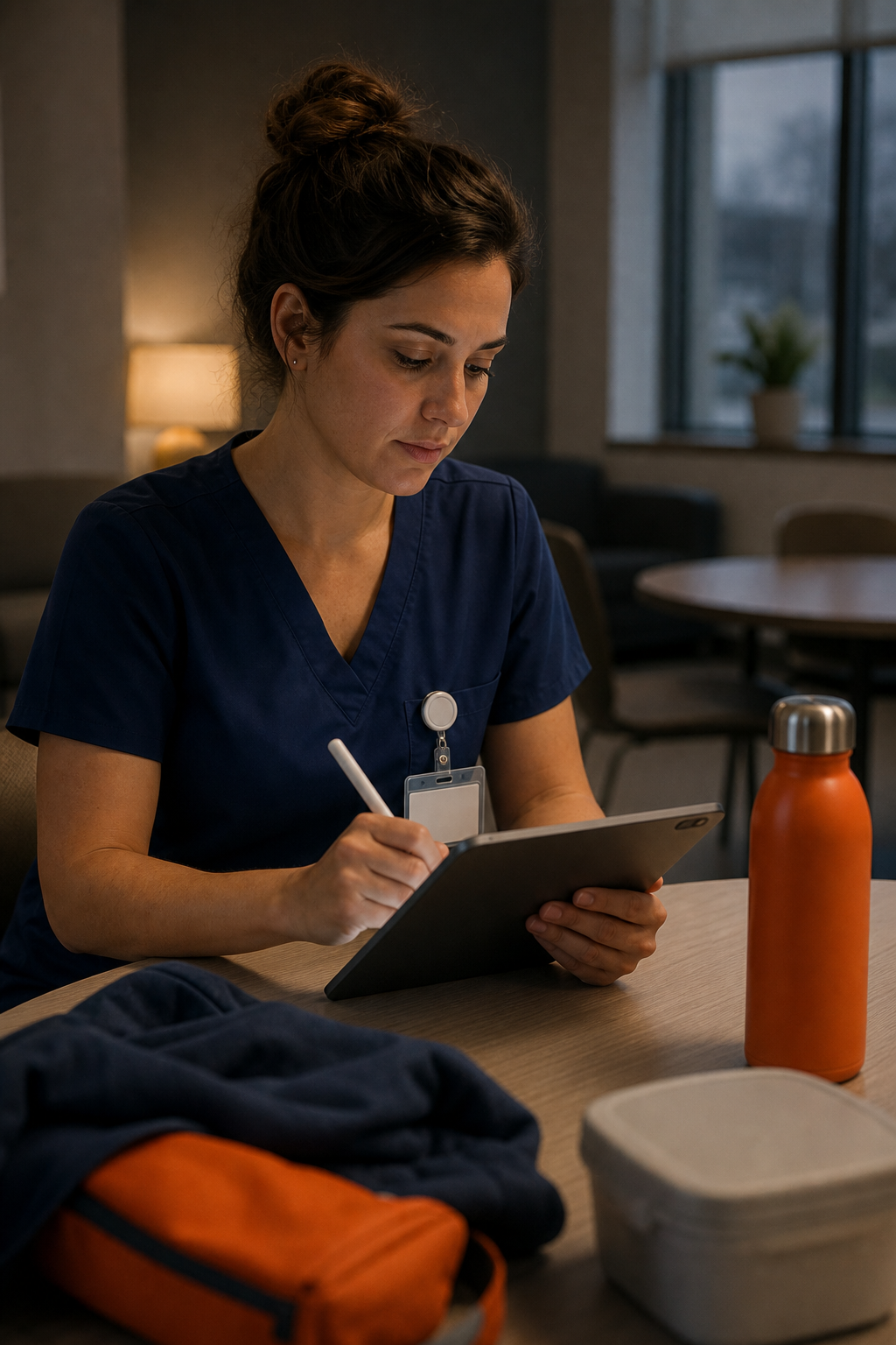 A cinematic style image of a nurse writing a personal action plan on a tablet in a break room, alt: nurse building resilience action plan