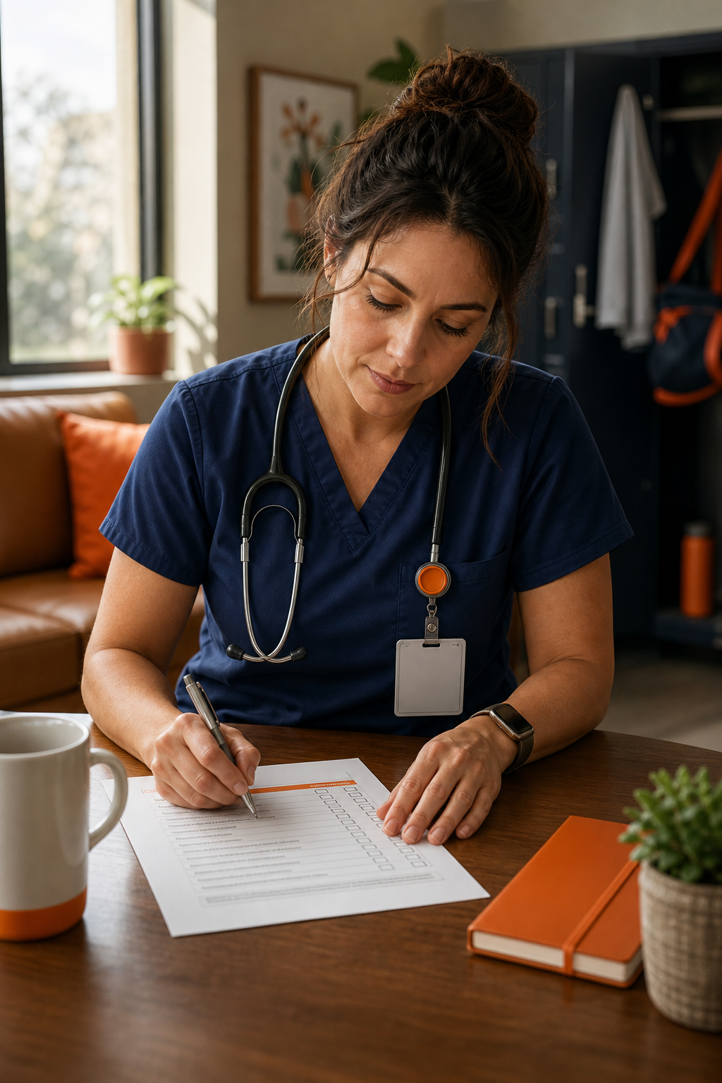Cinematic shot of a nurse sitting at a desk in a quiet break room, filling out a paper questionnaire, soft natural light from window, warm tones. Alt: Nurse completing a wellness self-assessment checklist.