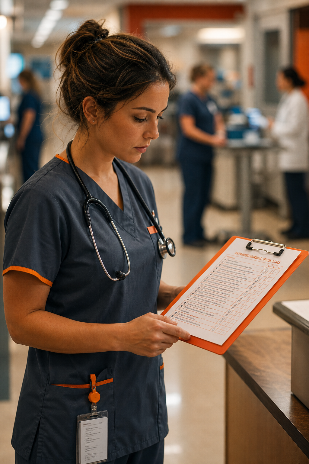 Cinematic shot of a nurse looking at a clipboard with a checklist, standing in a hospital corridor, soft focus background with other staff, warm lighting. Alt: Nurse reviewing expanded nursing stress scale checklist at work.