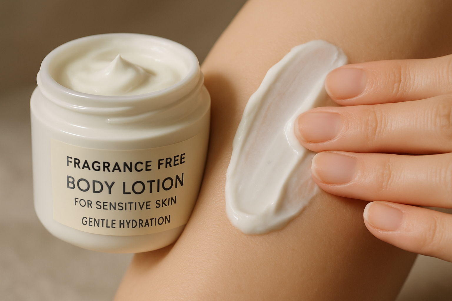 Close-up of a jar with fragrance free body lotion cream being applied on soft skin. Alt: Fragrance free body lotion for sensitive skin providing gentle hydration