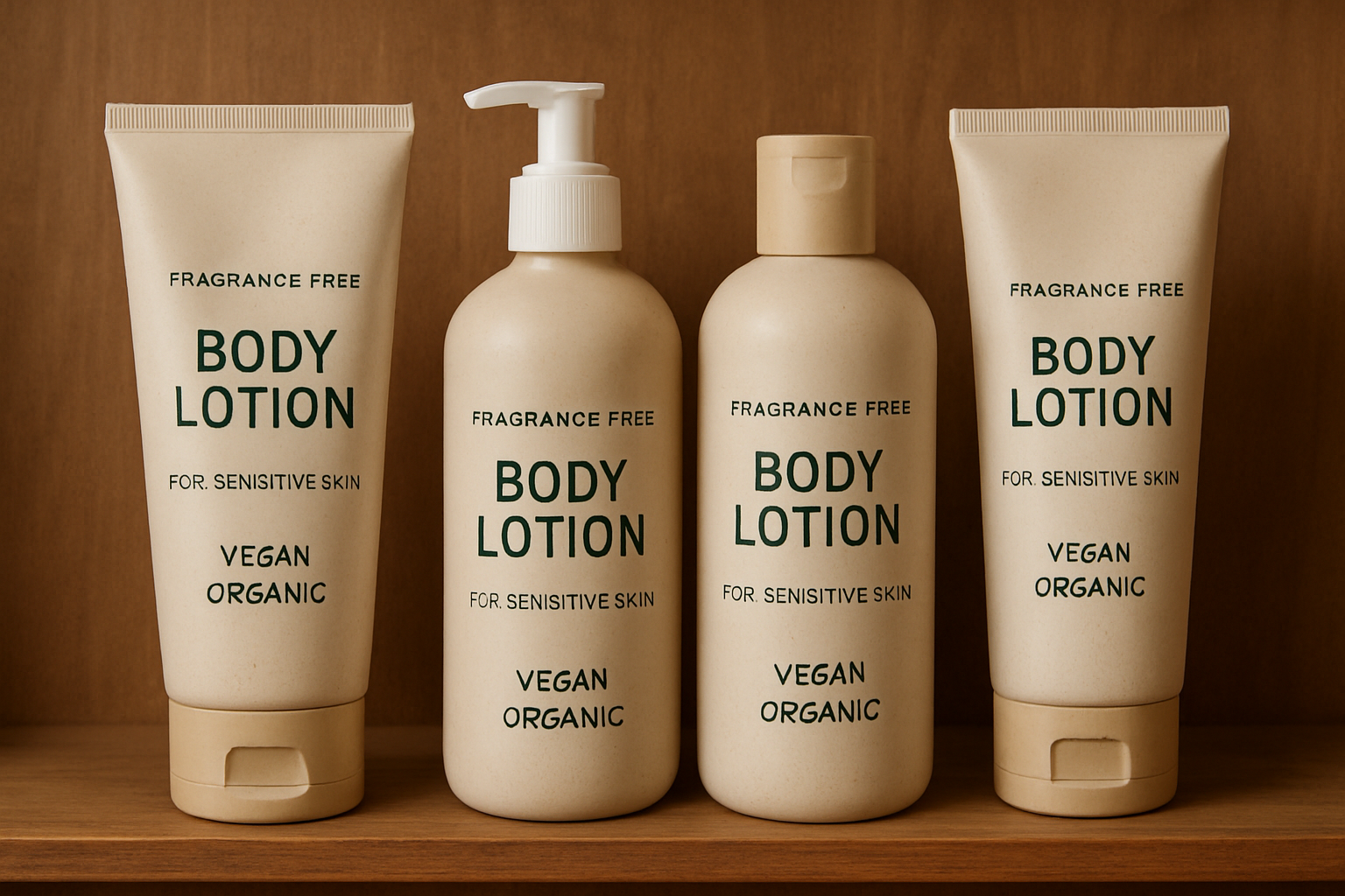 A selection of fragrance free body lotions labelled vegan and organic on a wooden shelf. Alt: Vegan fragrance free body lotion for sensitive skin eco packaging