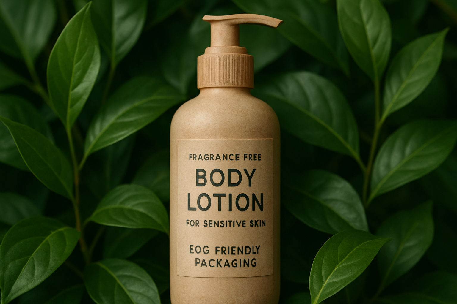A bottle of fragrance free body lotion with eco-friendly packaging, surrounded by green leaves. Alt: Sustainable fragrance free body lotion for sensitive skin eco packaging concept