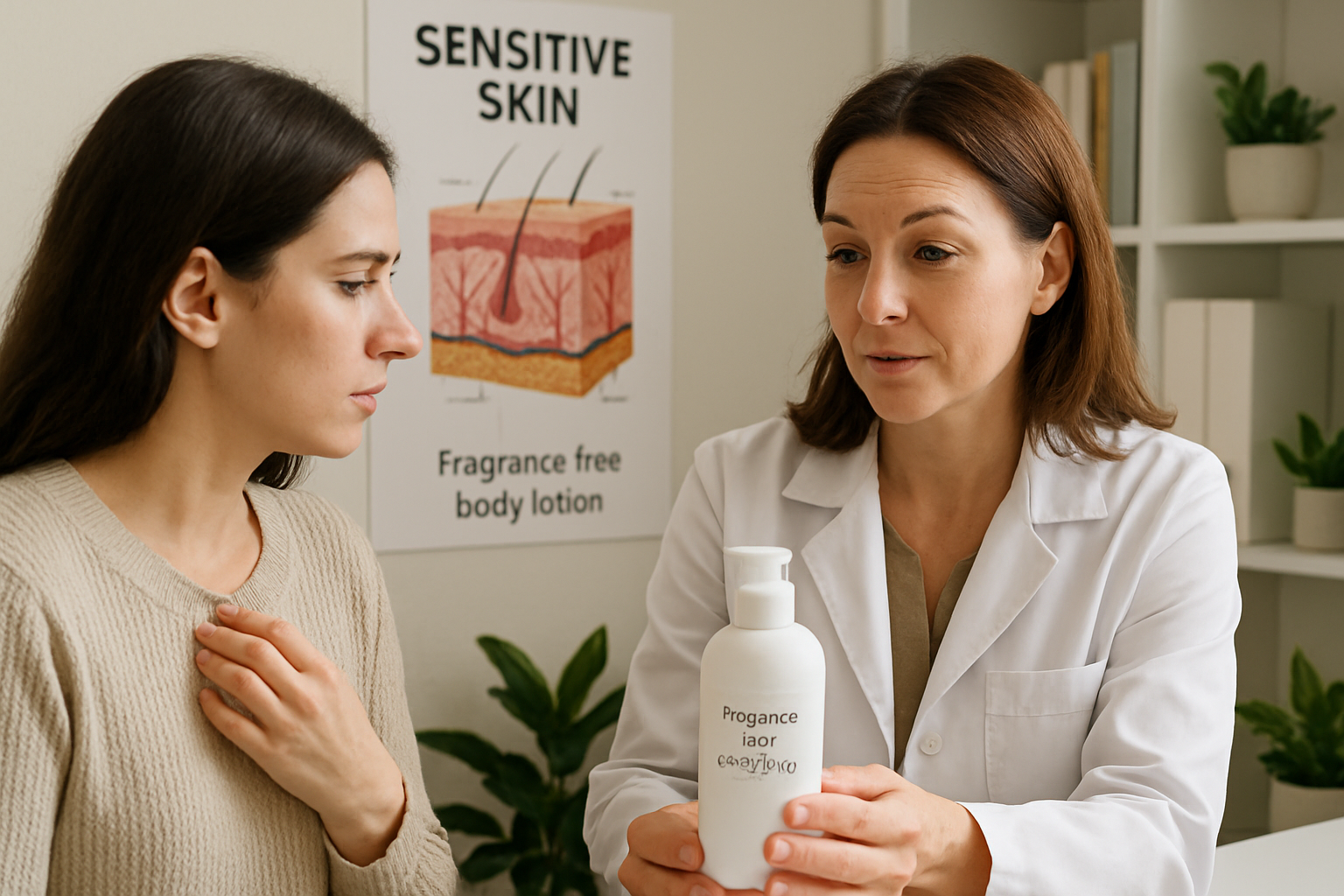 Inside a dermatologist’s office with a consultation about sensitive skin care. Alt: Expert advice on fragrance free body lotion for sensitive skin