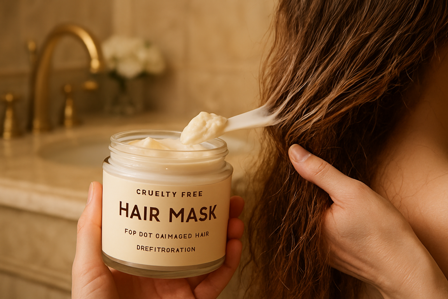 Jar of cruelty-free hair mask being applied to dry frizzy hair in a luxurious bathroom setting. Alt: Applying cruelty-free hair mask for dry damaged hair for deep hydration.