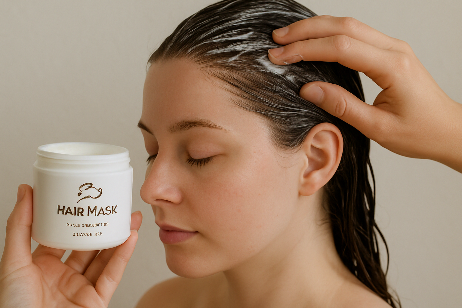 Gentle application of a fragrance-free cruelty-free hair mask on sensitive scalp. Alt: Cruelty-free hair mask for dry damaged hair suitable for sensitive scalps.