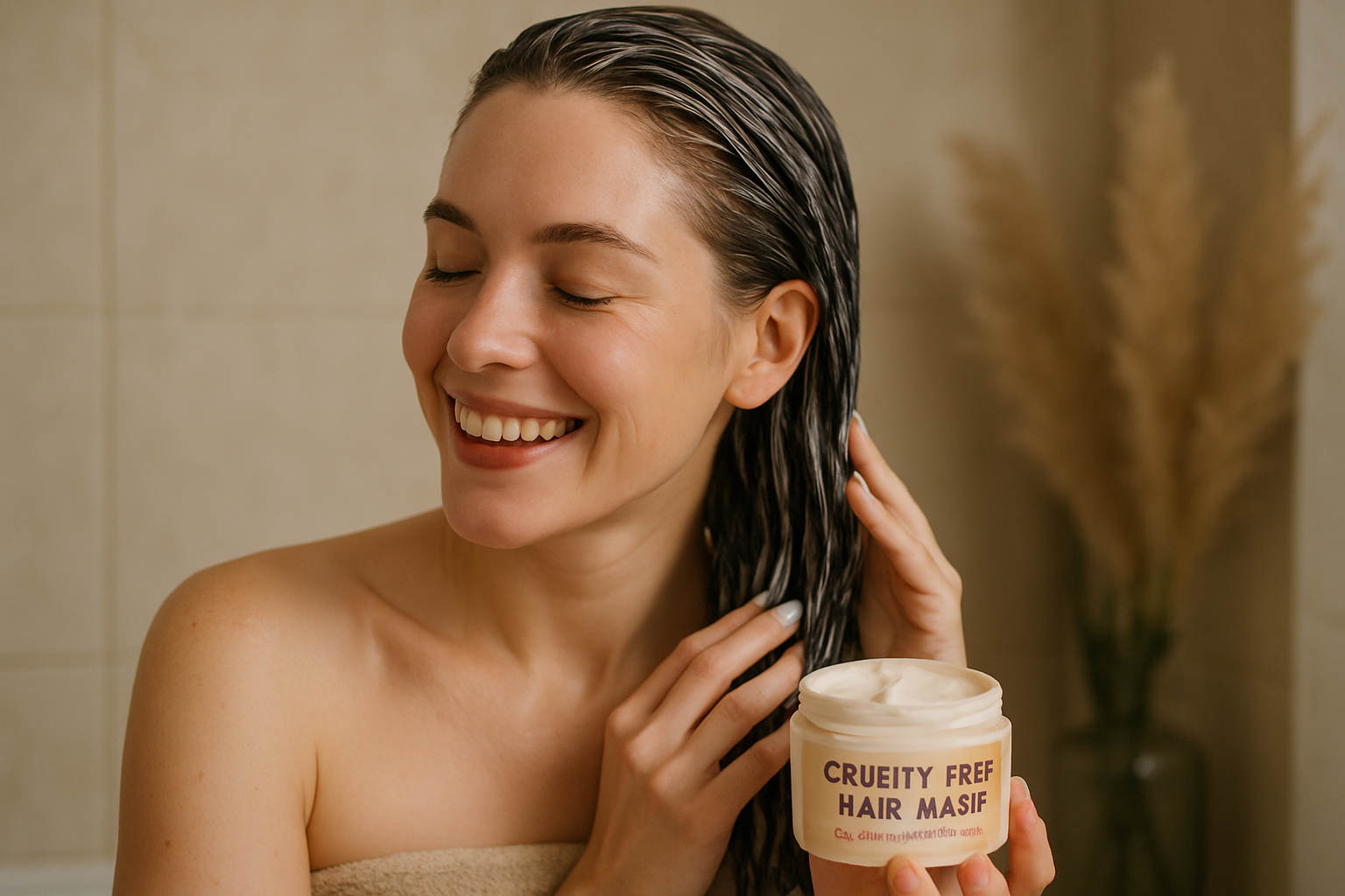 A woman happily applying a cruelty-free hair mask in a serene self-care moment. Alt: Cruelty-free hair mask for dry damaged hair nurturing self-care ritual.