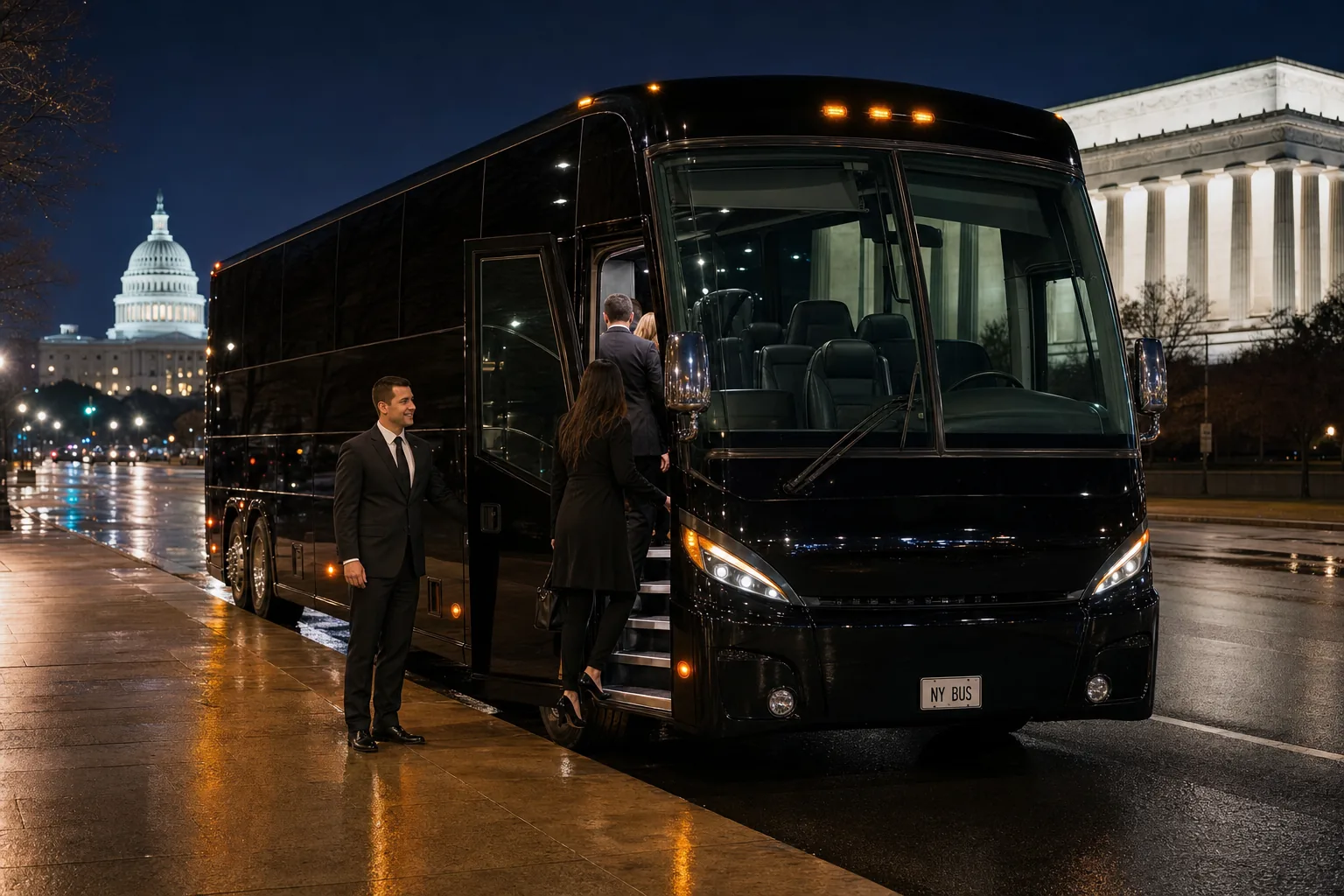 Chauffeur standing at the open door of a black motor coach on a Washington DC avenue at night
