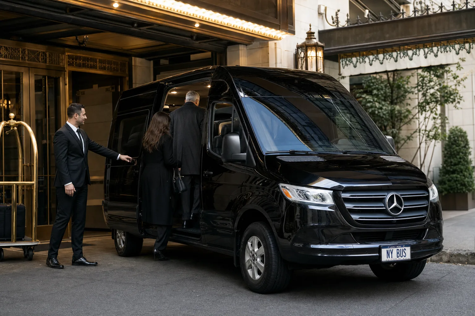 Chauffeur holding open the door of a black executive van at a hotel entrance, showing the reclining leather seats inside