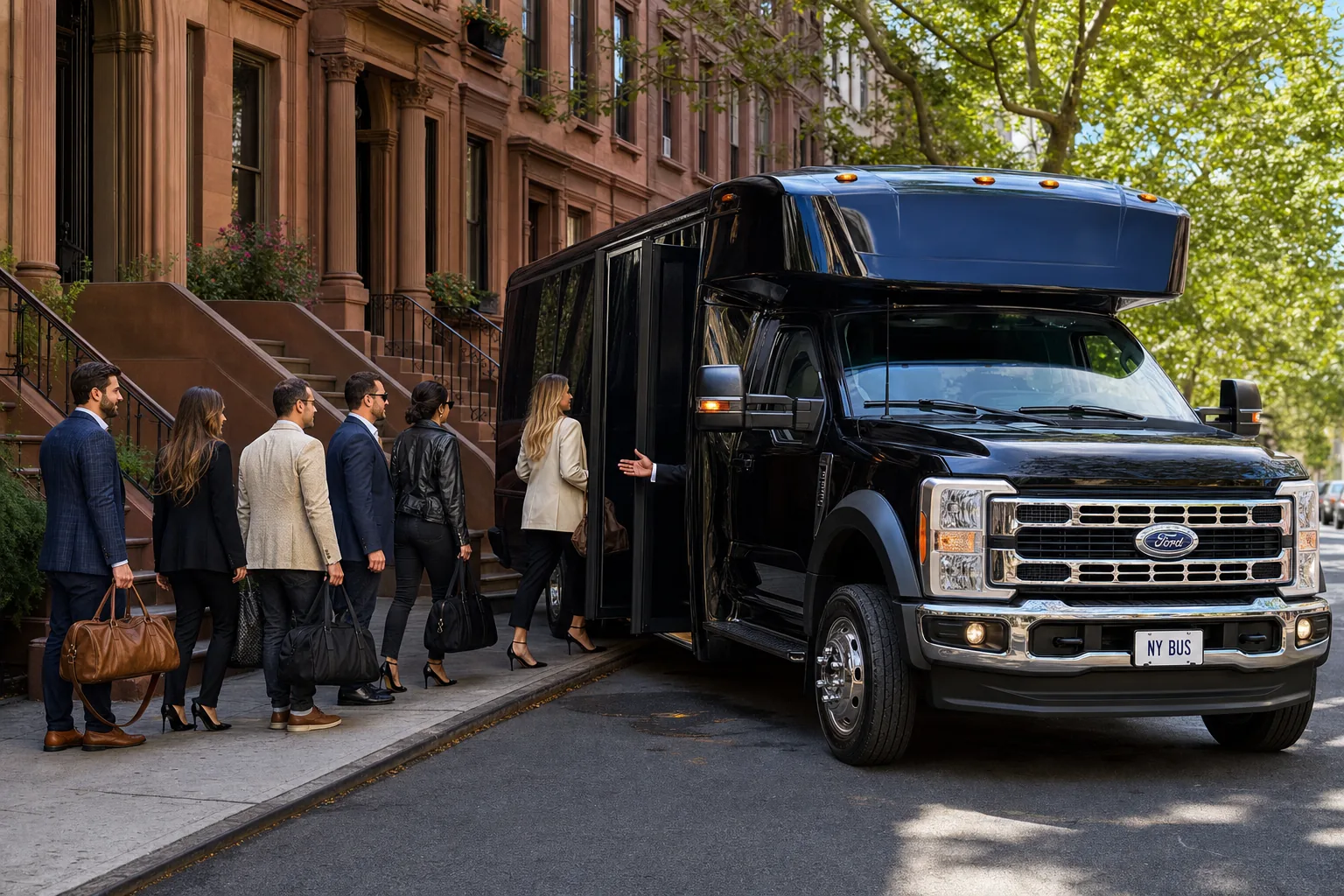Chauffeur greeting a private group boarding a black mini bus on an upscale city street