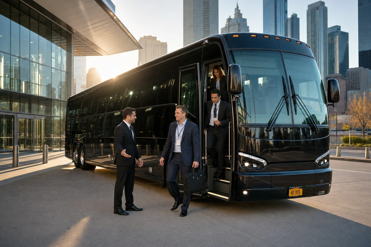 Chauffeur assisting business travellers stepping down from a black motor coach at a convention centre