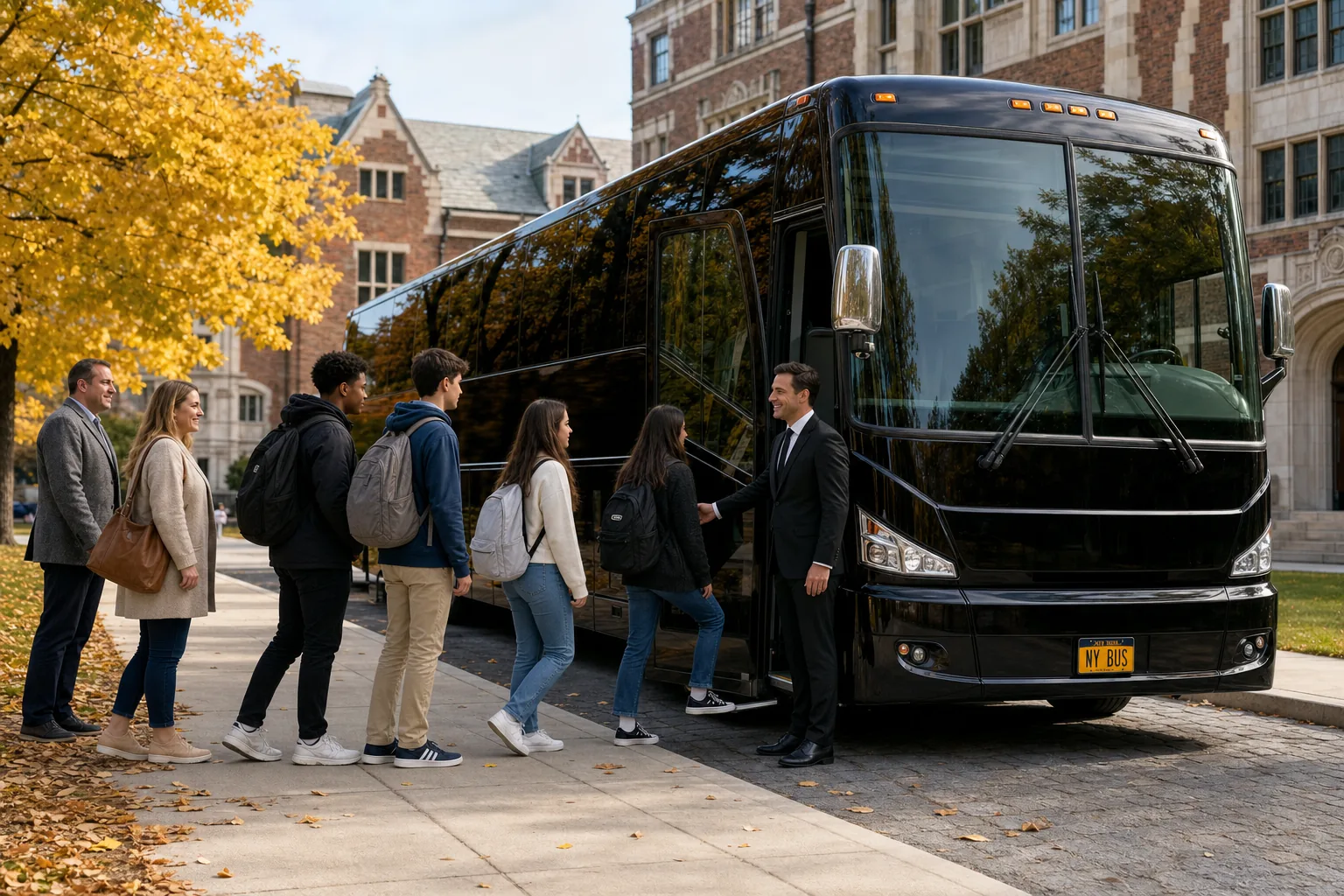 Chauffeur beside the open door of a black motor coach as a supervised student group boards outside a university building