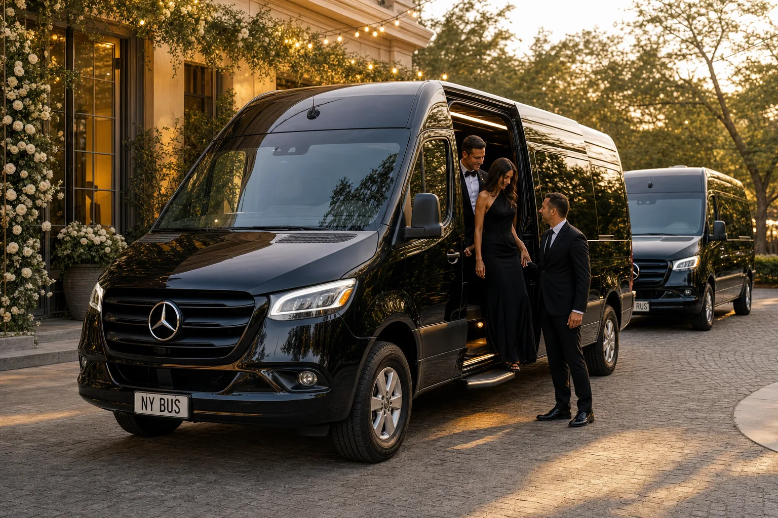 Chauffeur opening the door of a black executive van for formally dressed guests outside an event venue