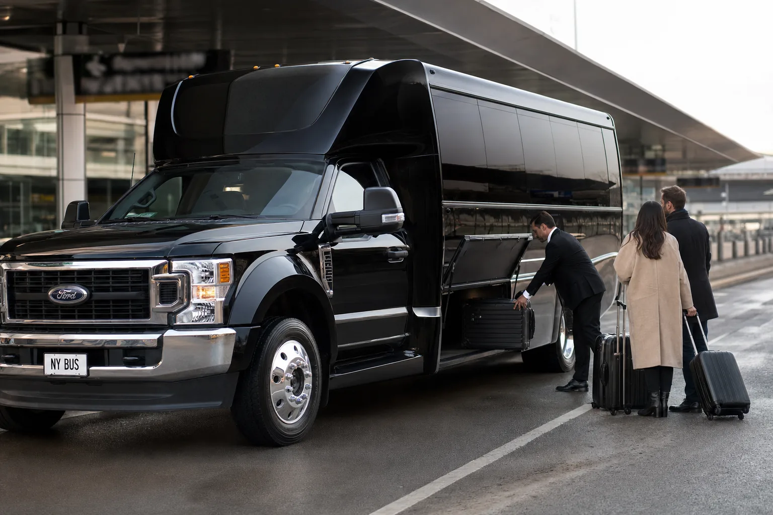 Chauffeur loading suitcases into a black mini bus at an airport arrivals curb
