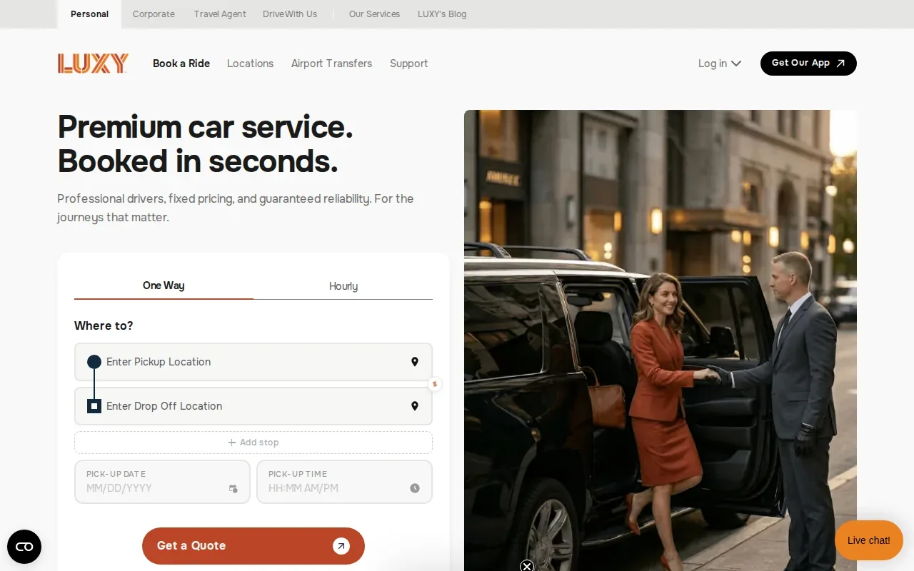 Screenshot of the LUXY Ride website