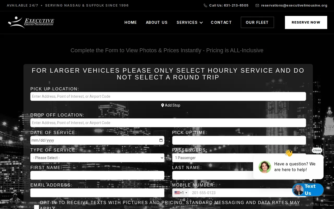 Screenshot of the Executive Limousine website