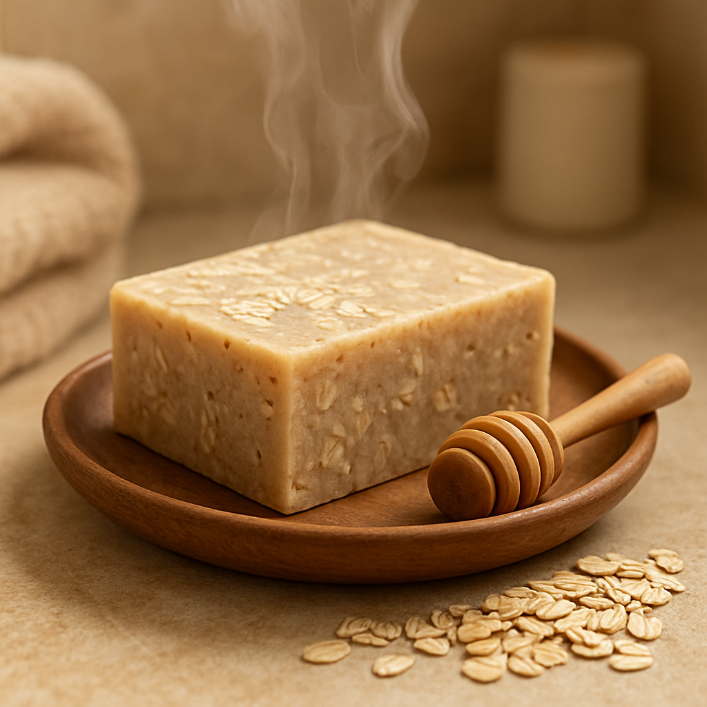 A close-up of a handcrafted oatmeal soap bar on a wooden dish, soft steam rising in a cozy bathroom setting, oats and a small honey dipper beside the bar. Alt: Oatmeal soap for itchy skin in a warm bathroom setting showing texture and natural ingredients.