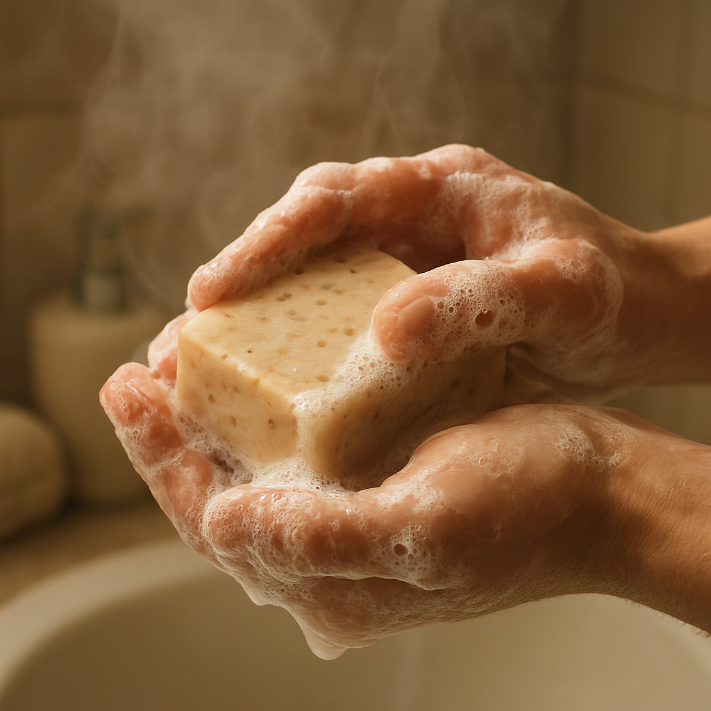 A close‑up of creamy oatmeal soap lathering on wet hands, with steam rising in a cozy bathroom. Alt: oatmeal soap for itchy skin creating soothing lather on damp skin.