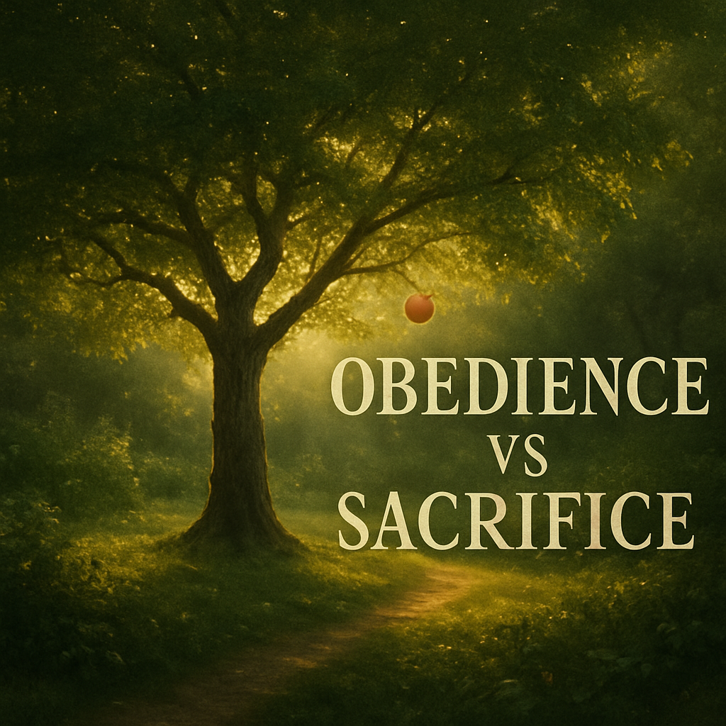 A serene garden with a single apple tree, sunlight filtering through leaves, symbolizing the Garden of Eden and the choice between obedience and sacrifice. Alt: Biblical obedience versus sacrifice context.