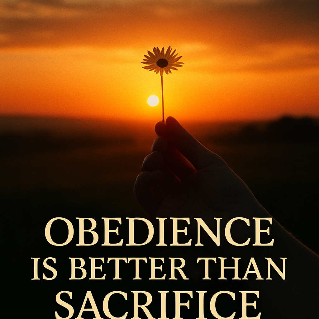 A serene sunrise over an open hand offering a single flower, symbolizing modern obedience over ancient sacrifice. Alt: modern interpretations obedience is better than sacrifice meaning spiritual benefits