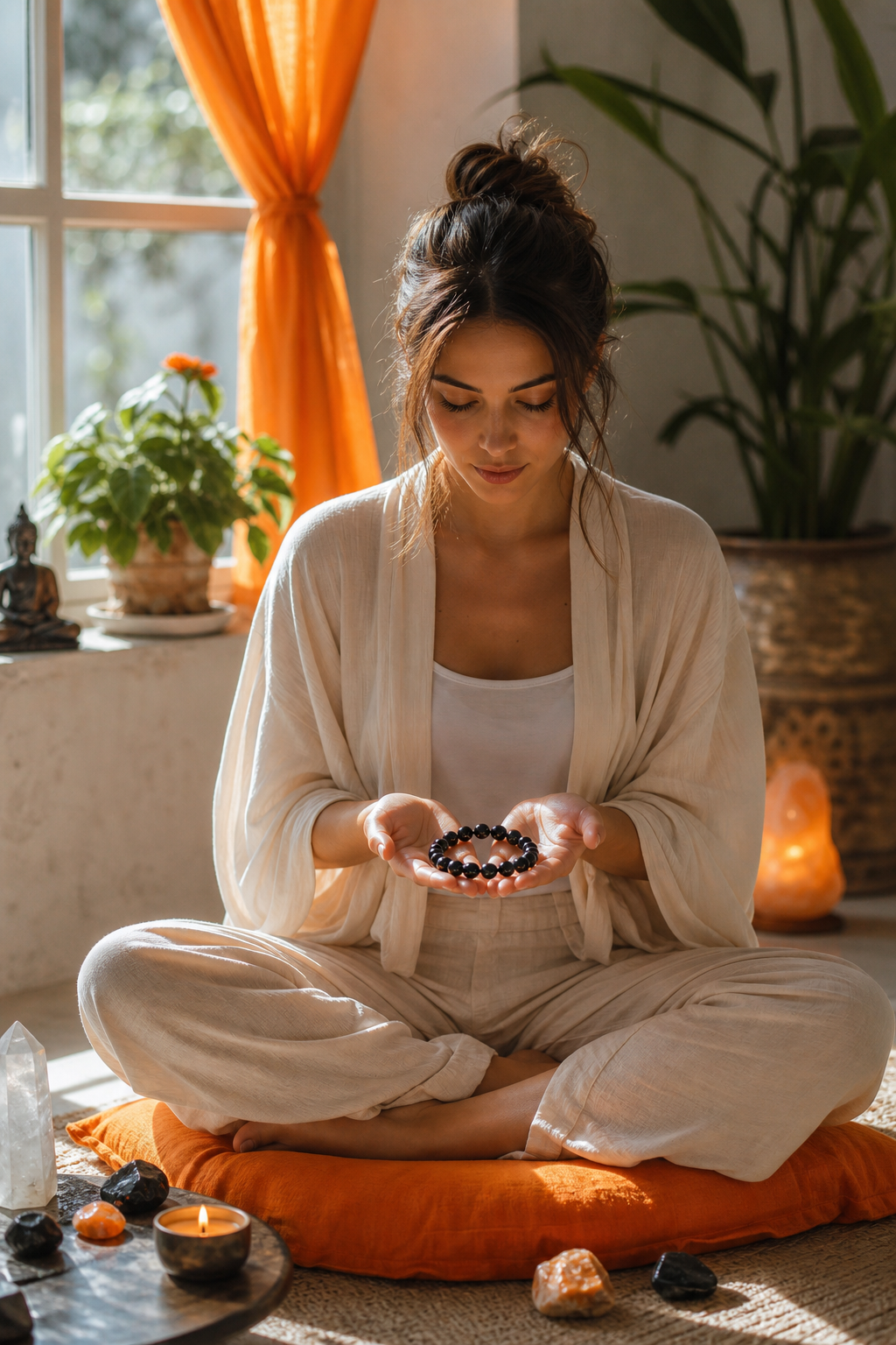 A person sitting cross-legged on a cushion, holding an obsidian bracelet in both palms, soft sunlight streaming through a window, with a calm face expression. Alt: Woman meditating with an obsidian bracelet for spiritual growth