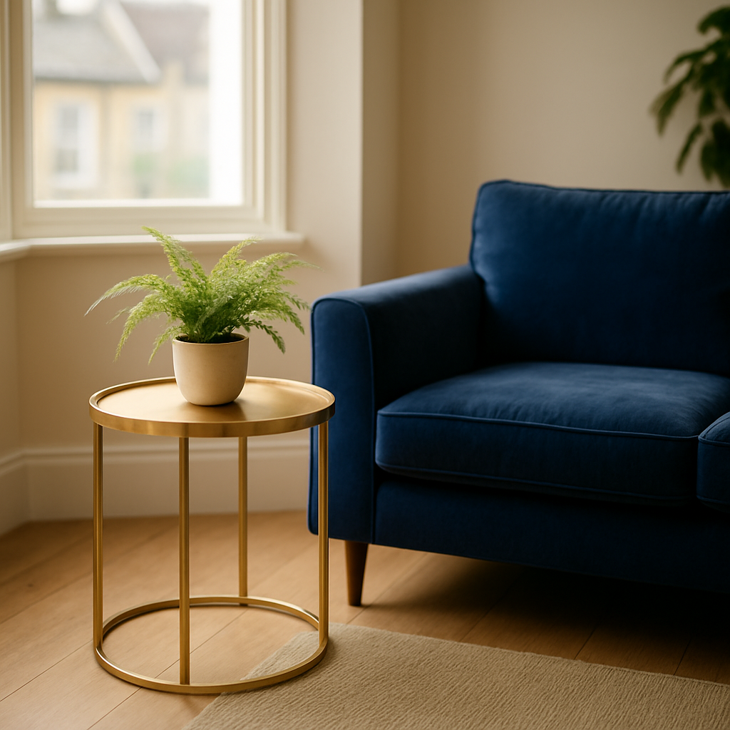 A bright London living room with a sleek gold‑toned occasional table beside a plush navy sofa, a small potted fern, and a soft natural‑light window. Alt: Care and maintenance of occasional tables showing a polished wood surface and a microfiber cloth.