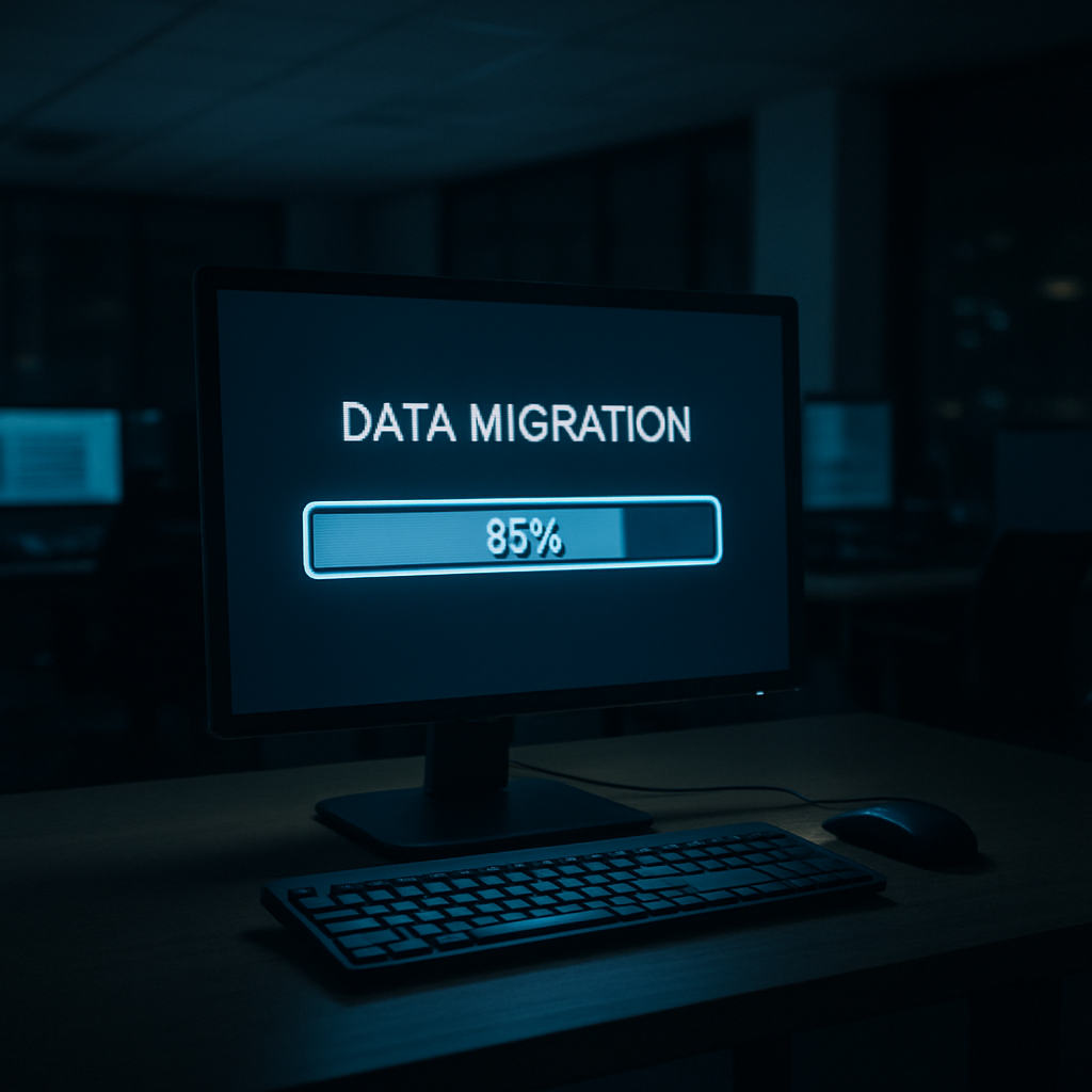 Computer screen displaying "DATA MIGRATION" progress at 85%, symbolizing the Office 365 migration process for SMBs.