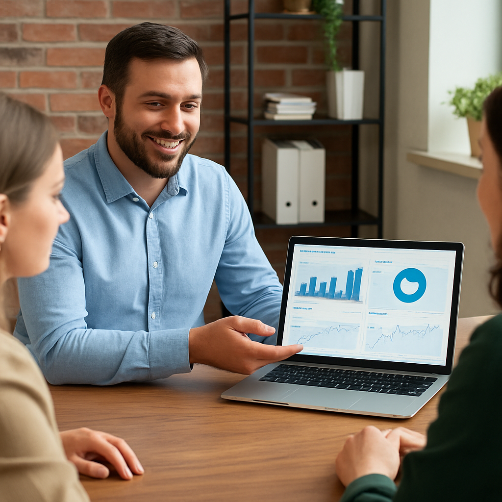 Man presenting data analytics on laptop to two colleagues in an office setting, illustrating collaboration and IT support during Office 365 migration discussions.