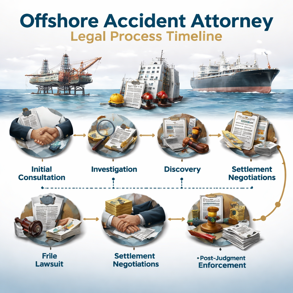 A photorealistic timeline illustration showing steps from initial consult to post‑judgment enforcement, with icons of a gavel, medical chart, and ship. Alt: offshore accident attorney legal process timeline