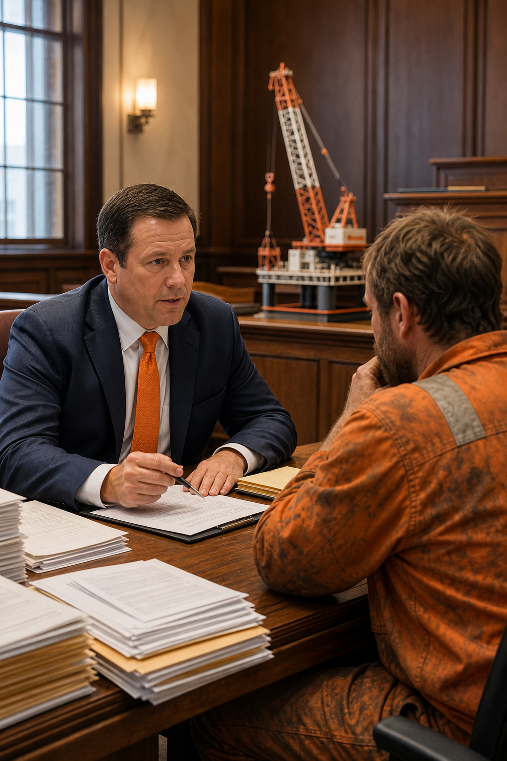 A photorealistic courtroom scene with a maritime lawyer consulting a rig worker, stacks of legal documents, and a model of a crane in the background. Alt text: offshore crane accident legal consultation and compensation discussion.