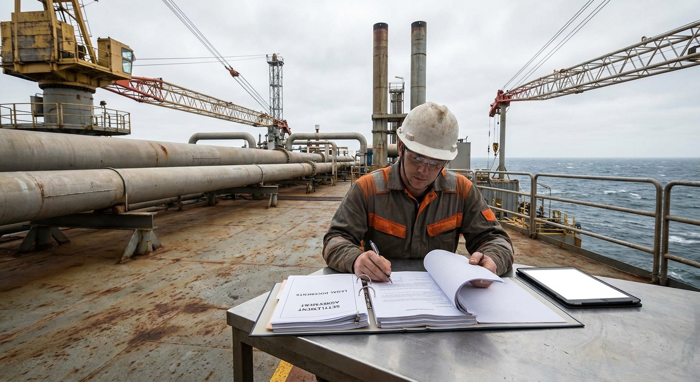 A photorealistic offshore oil rig with a worker in a safety use reviewing legal documents, highlighting the concept of litigation and settlement. Alt: offshore injury claim negotiation on a rig