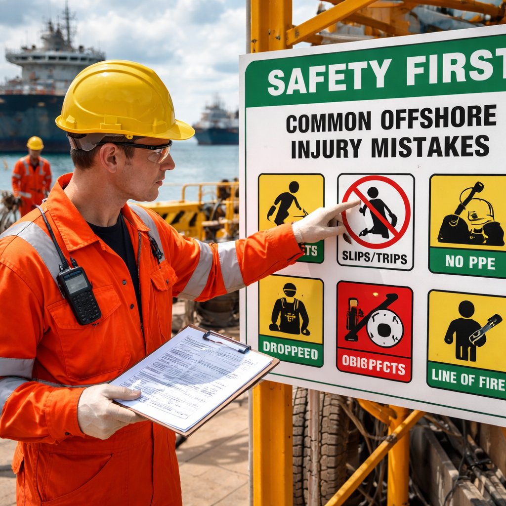 A photorealistic scene of a dock with a worker reviewing paperwork and pointing at a safety sign. Alt: common offshore injury mistake visual