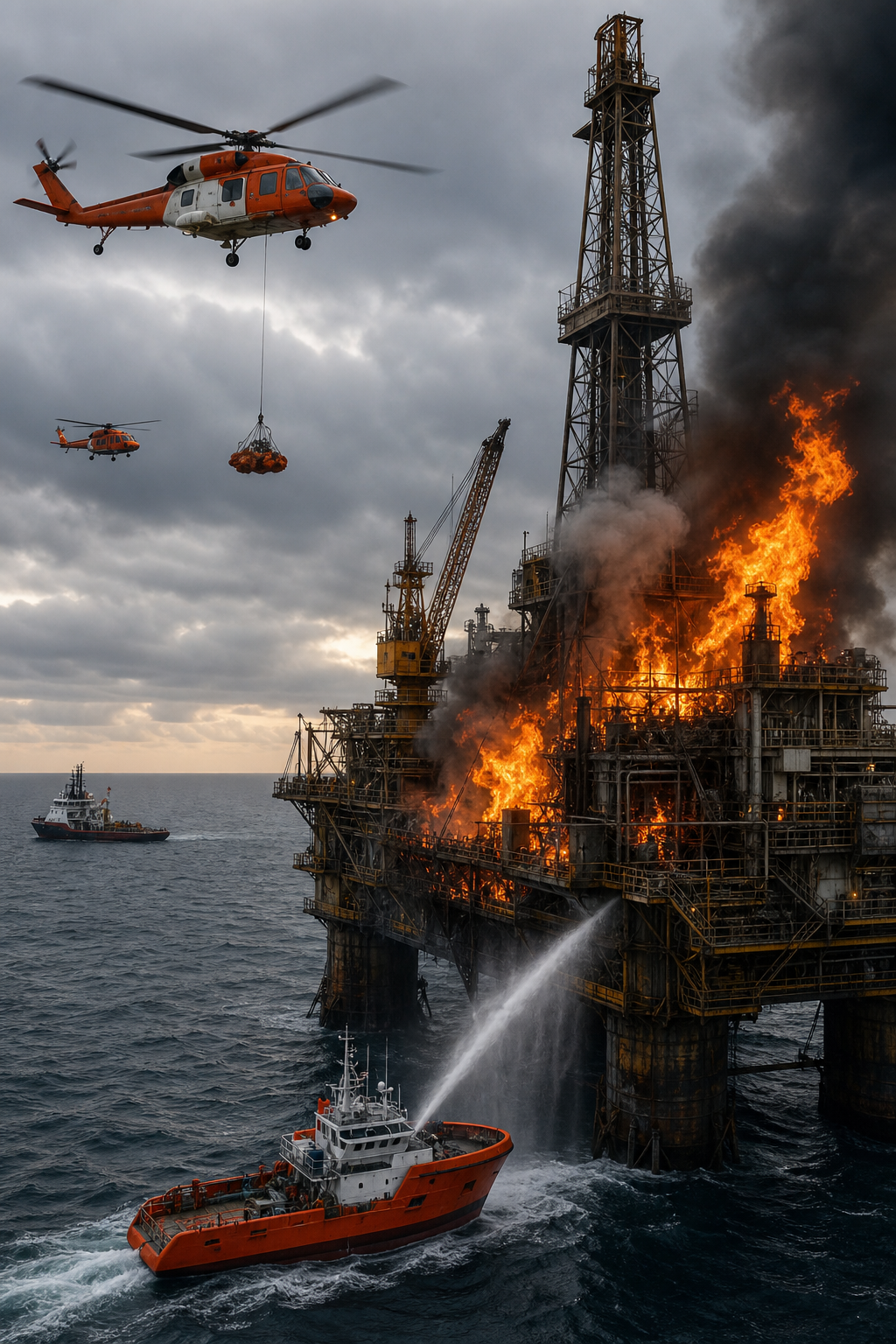 A photorealistic scene of a historic offshore rig fire with flames licking the deck and rescue helicopters hovering. Alt: offshore rig accident with fire and emergency response