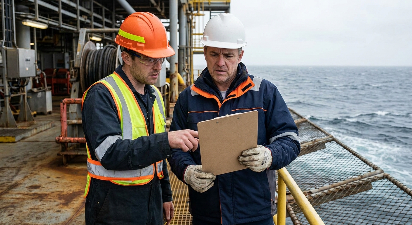 A photorealistic scene of an offshore worker in a hard hat and safety gear speaking with a supervisor on a platform deck, both looking at a clipboard with serious expressions, ocean visible in the background. Alt: offshore worker reporting injury to supervisor to protect legal rights and file a claim.