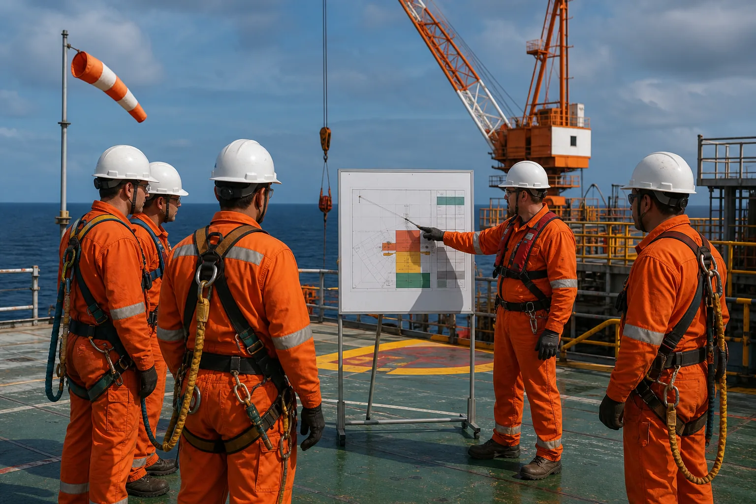 offshore crew assessing crane and fall hazards under worker safety rules.