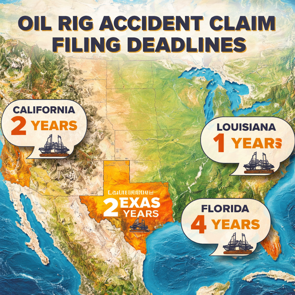 A photorealistic map of the United States highlighting Texas, Louisiana, Florida, and California with text bubbles showing their respective filing deadlines for oil rig accident claims. Alt: oil rig accident lawyer statute of limitations map