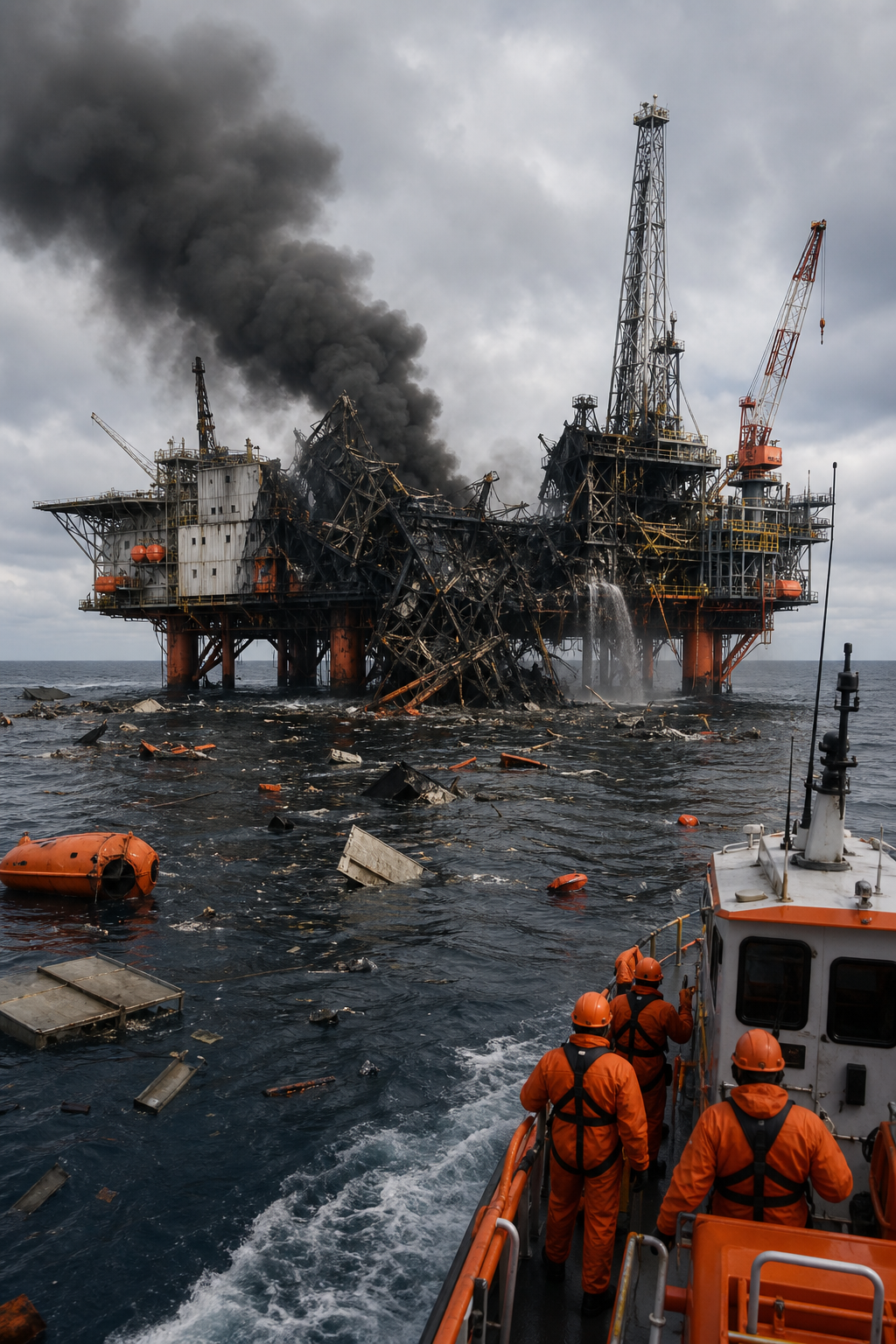 A photorealistic scene of an offshore rig after an explosion, showing damaged structures, floating debris, and a rescue vessel approaching the site.