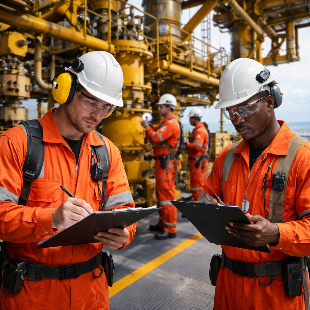 A photorealistic scene of a safety inspection on an offshore oil rig, showing workers with checklists and protective gear. Alt: preventive safety measures oil rig
