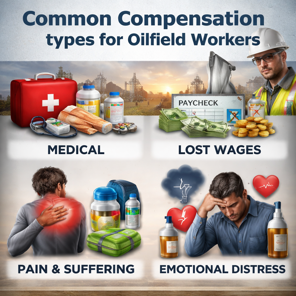 A photorealistic infographic showing different damage categories (medical, wages, pain, emotional distress) with icons. Alt: common compensation types for oilfield workers