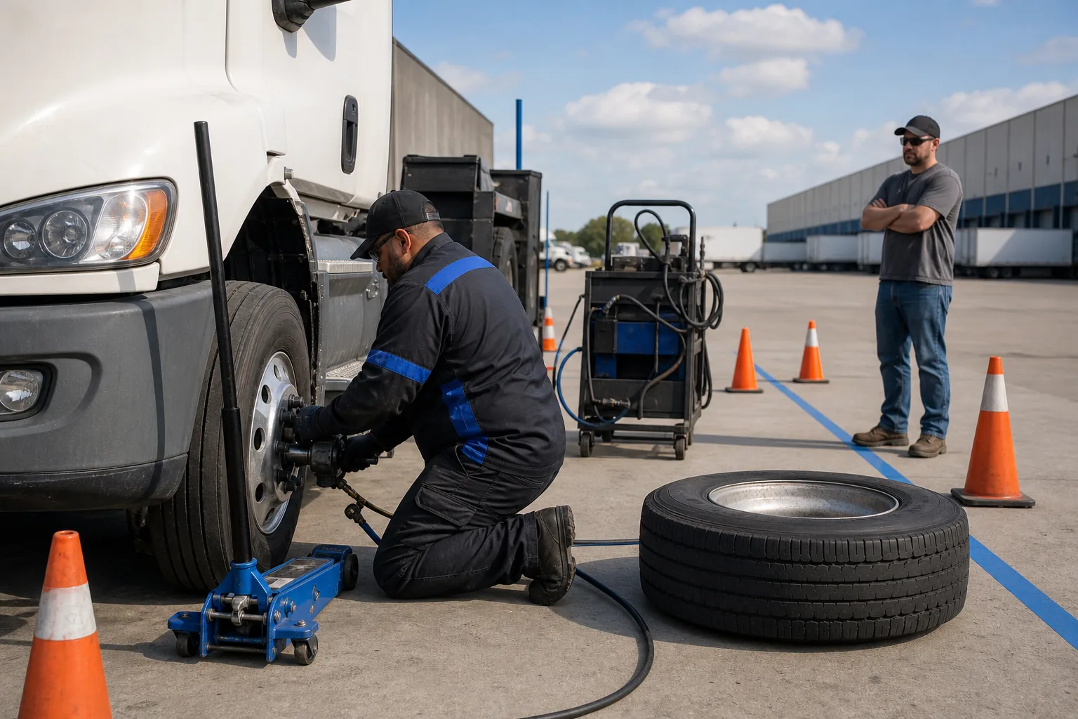Mobile technician changing a heavy-duty truck tire on site in Dallas-Fort Worth.