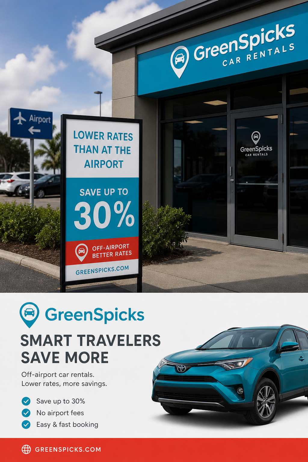 A photorealistic scene of a rental car office just outside an airport with a sign showing lower rates than the airport terminal. Alt: Off-airport car rental location with lower rates than airport.