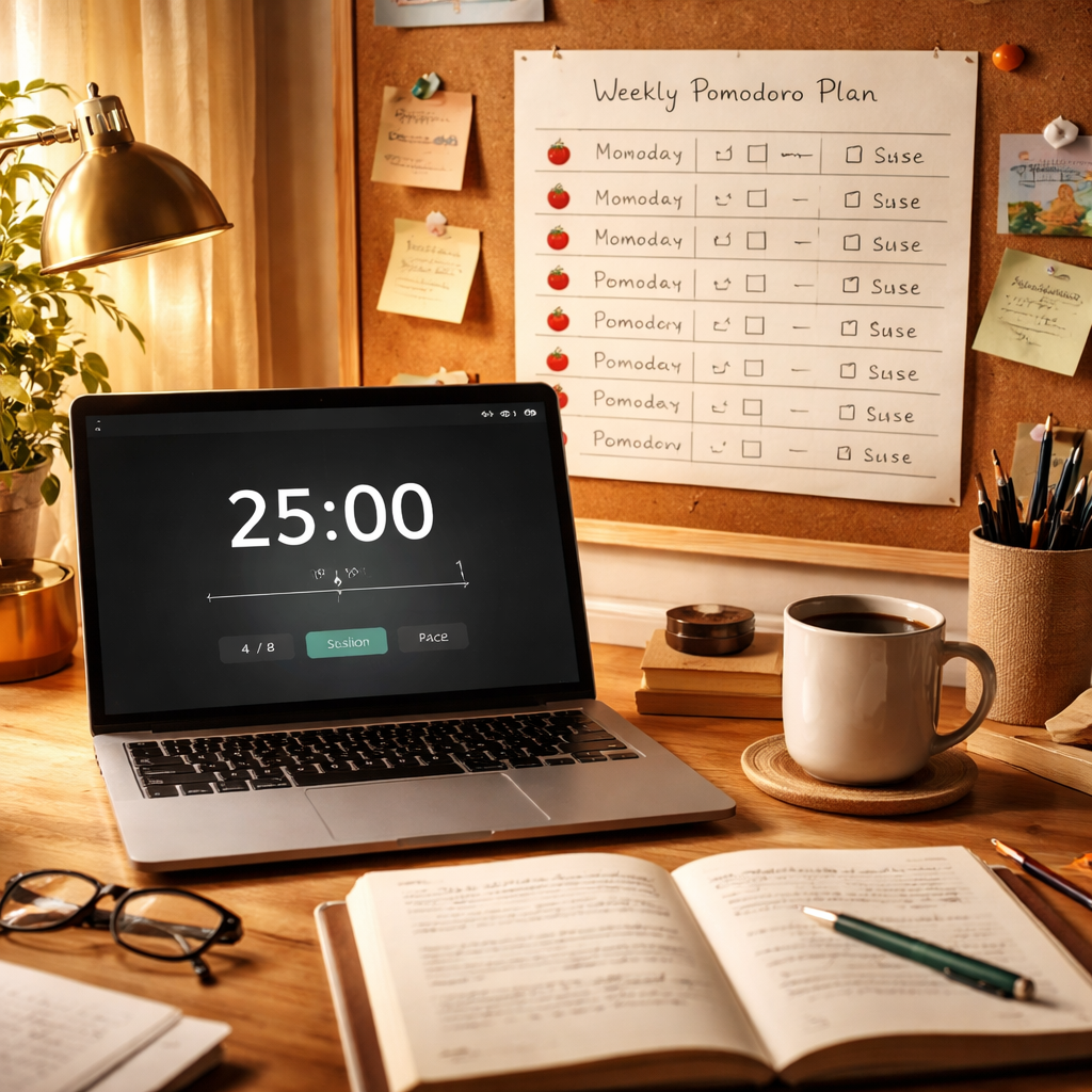 A photorealistic scene of a writer’s desk with a sleek digital timer app open on a laptop screen, a handwritten weekly pomodoro schedule pinned to a corkboard, a coffee mug, and soft natural light streaming in, illustrating the one‑week pomodoro plan for writers. Alt: realistic image of pomodoro toolkit for writers