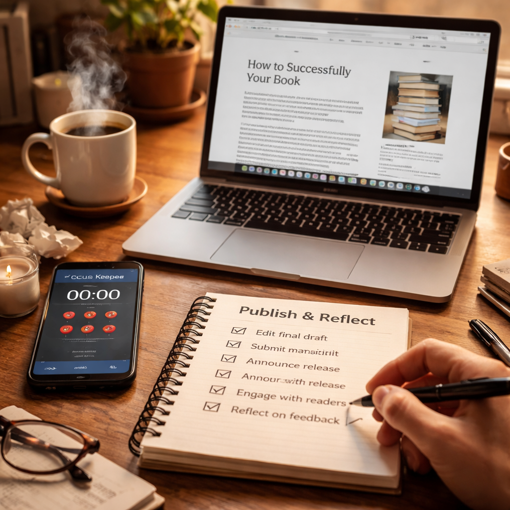 A photorealistic scene of a writer at a wooden desk, laptop open to a published article, Focus Keeper timer app showing completed Pomodoros, a coffee mug steaming, and a notebook with a checklist titled “Publish & Reflect”. Alt: one-week pomodoro plan for writers publishing and reflection step.