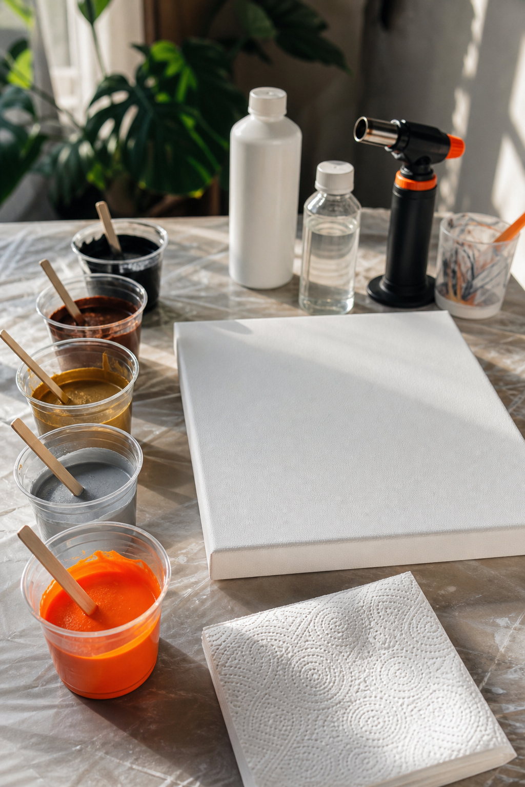 A realistic photo of acrylic pour painting supplies arranged on a worktable: a canvas, several plastic cups with paint, a bottle of pouring medium, a bottle of silicone oil, a butane torch, and a paper towel. Sunlight streaming from aside. Alt: Acrylic pour painting supplies setup for online tutorial.